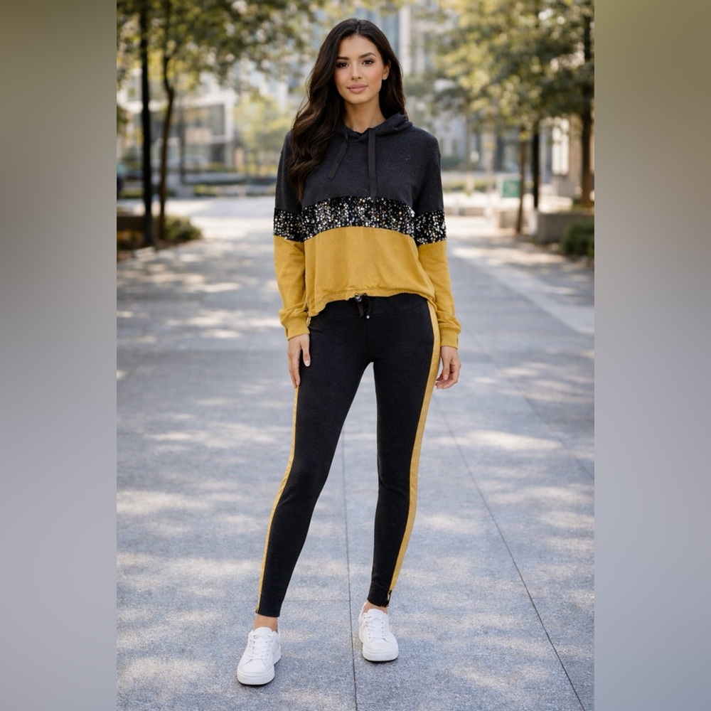 NWOT Black & Yellow Sequin Hoodie and Pants Set – Size Medium – Made in Turkey